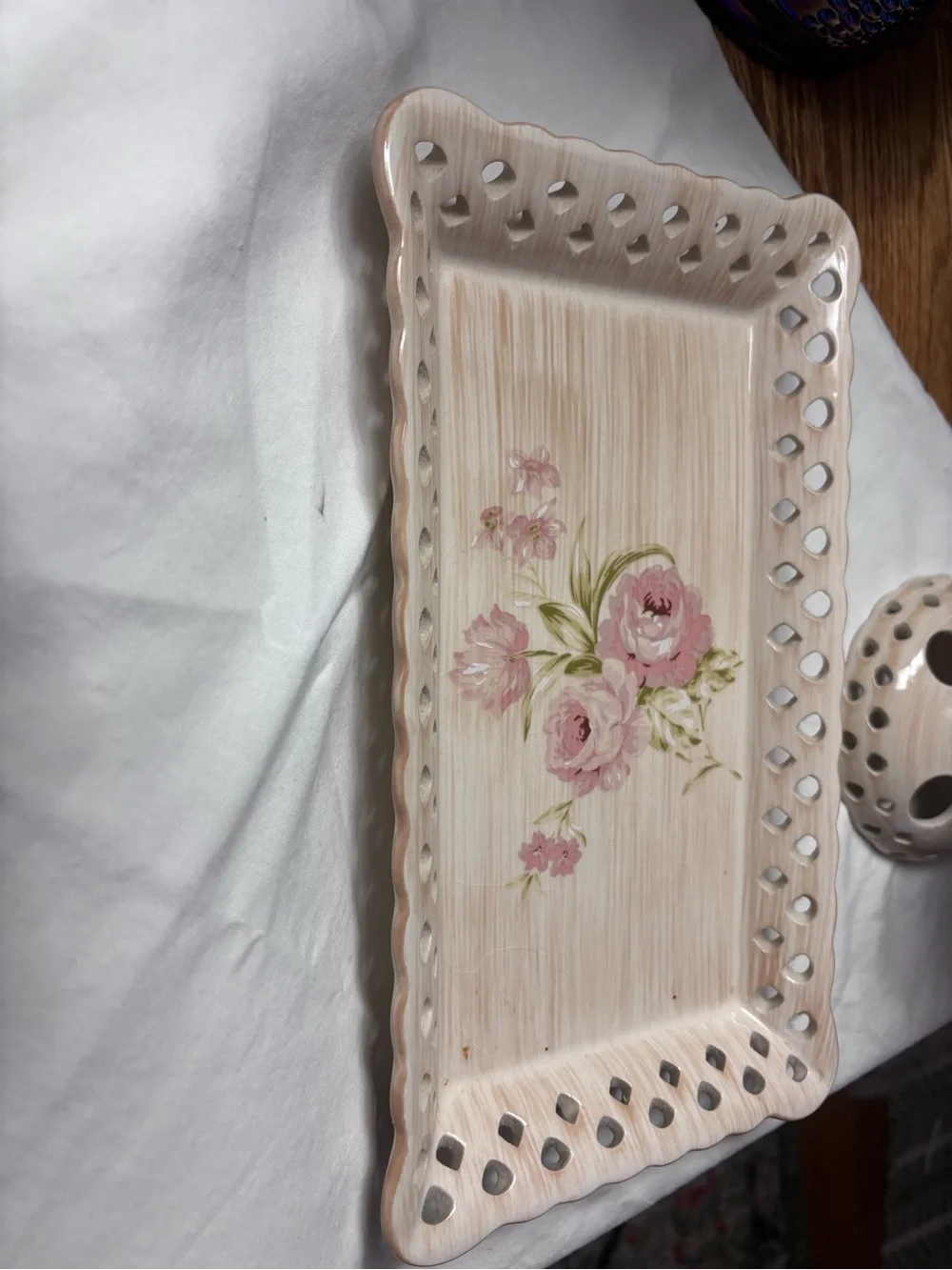 Laura Ashley Floral & Cream Ceramic Vanity Tray and Pedestal.